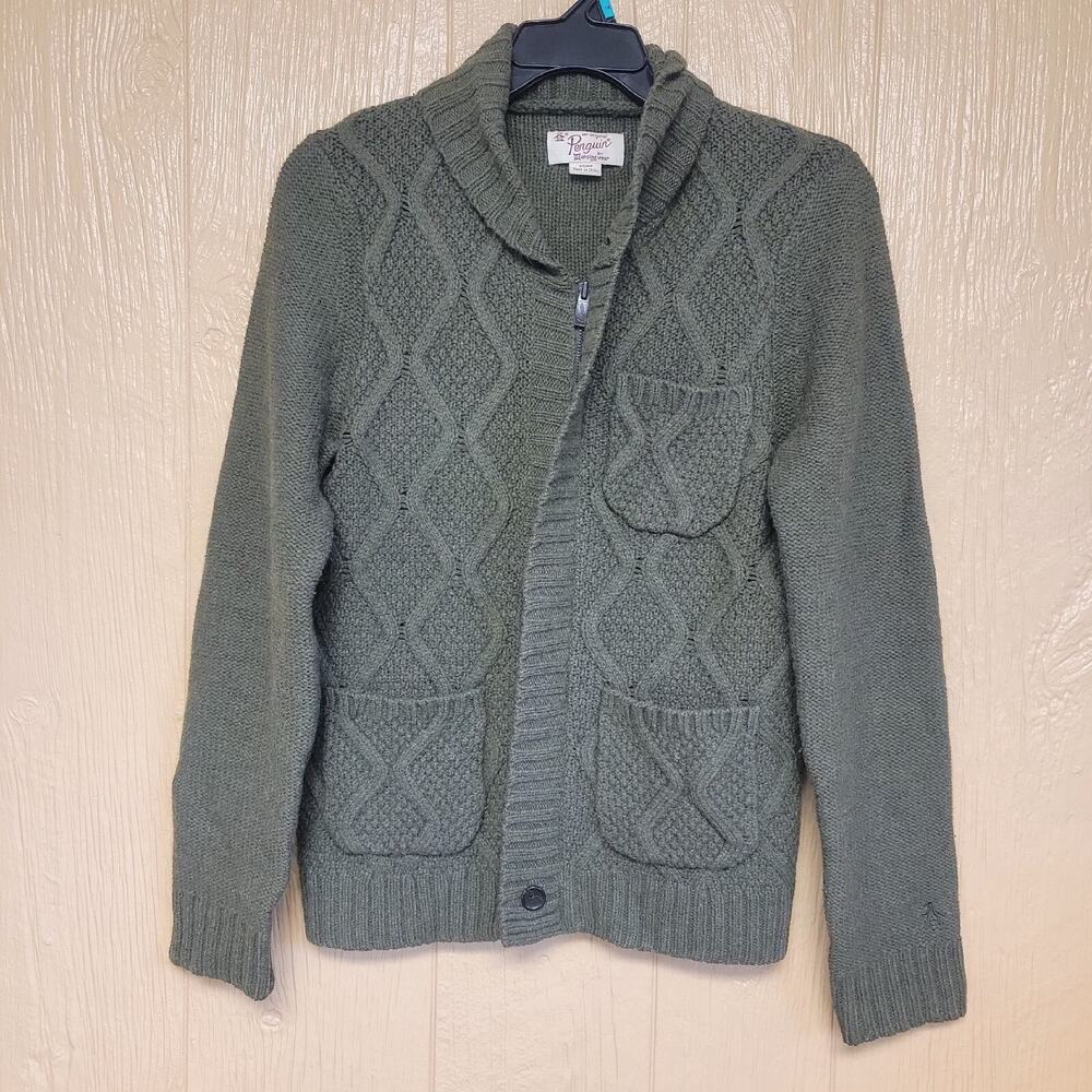 Pengiun by Munsingwear Knit Sweater Green Zip Front Pockets sz Small 100% Wool